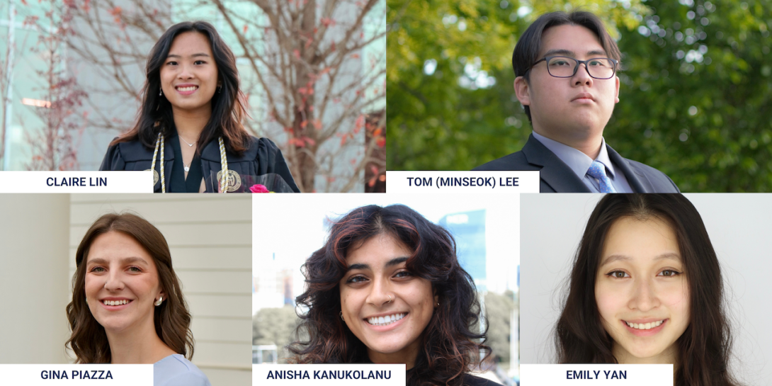 2024-2025 Fulbright Scholars, Top L-R: Claire Lin, Tom (Minseok) Lee. Bottom L-R: Gina Piazza, Anisha Kanukolanu, Emily Yan