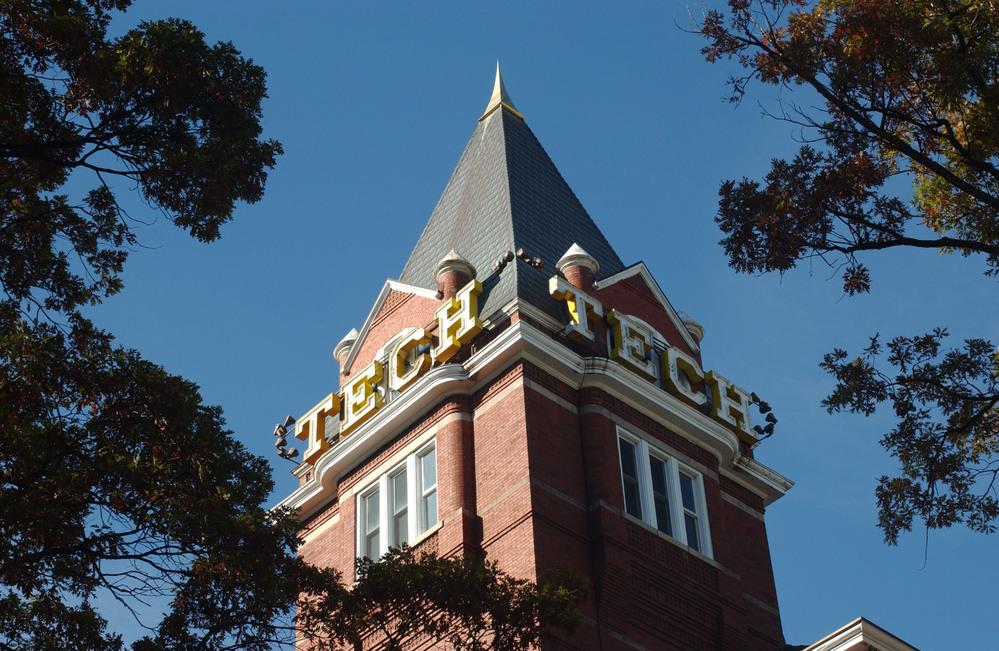 Tech Tower on Georgia Tech's campus set against a blue sky.